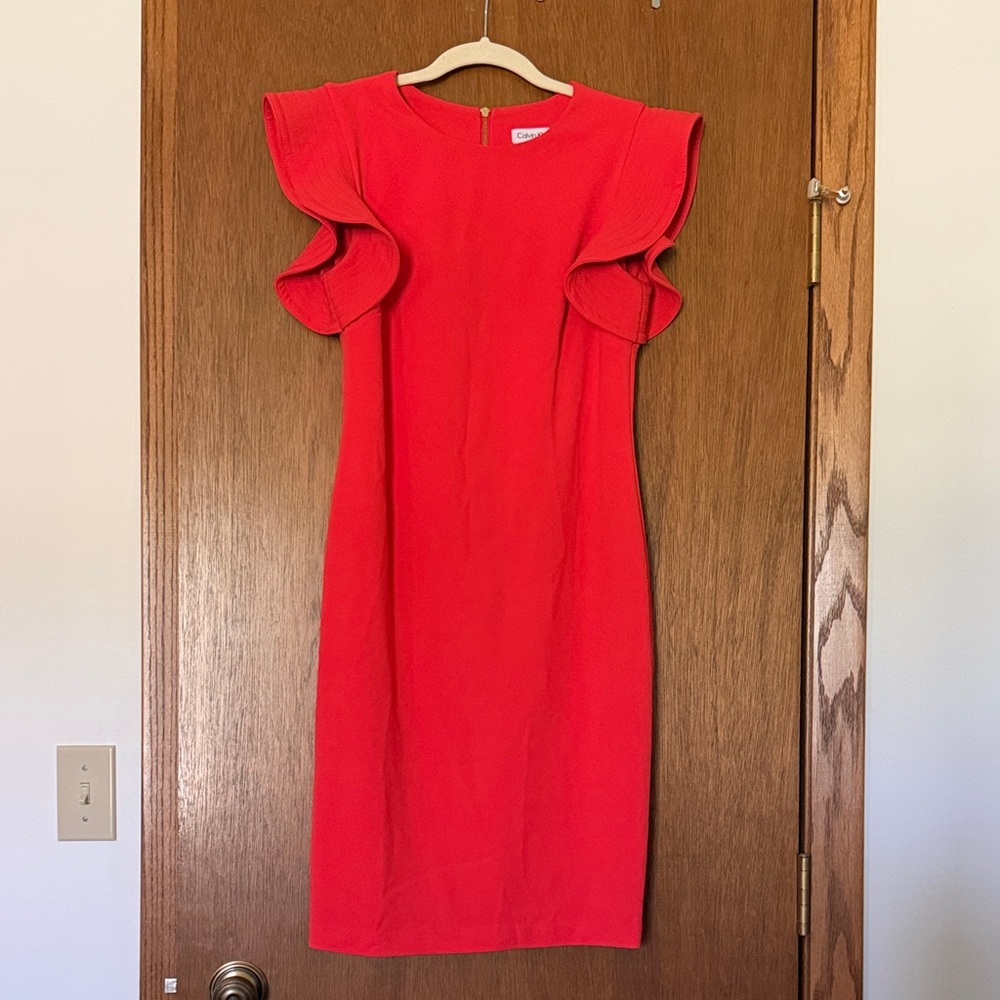 Calvin Klein Orange Ruffle-Sleeve Midi Dress